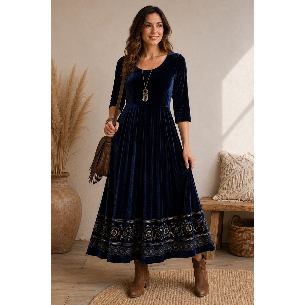 Isabella Bird Velvet Midi Dress Womens 10 Navy Blueβ Silk Blend Floral Border